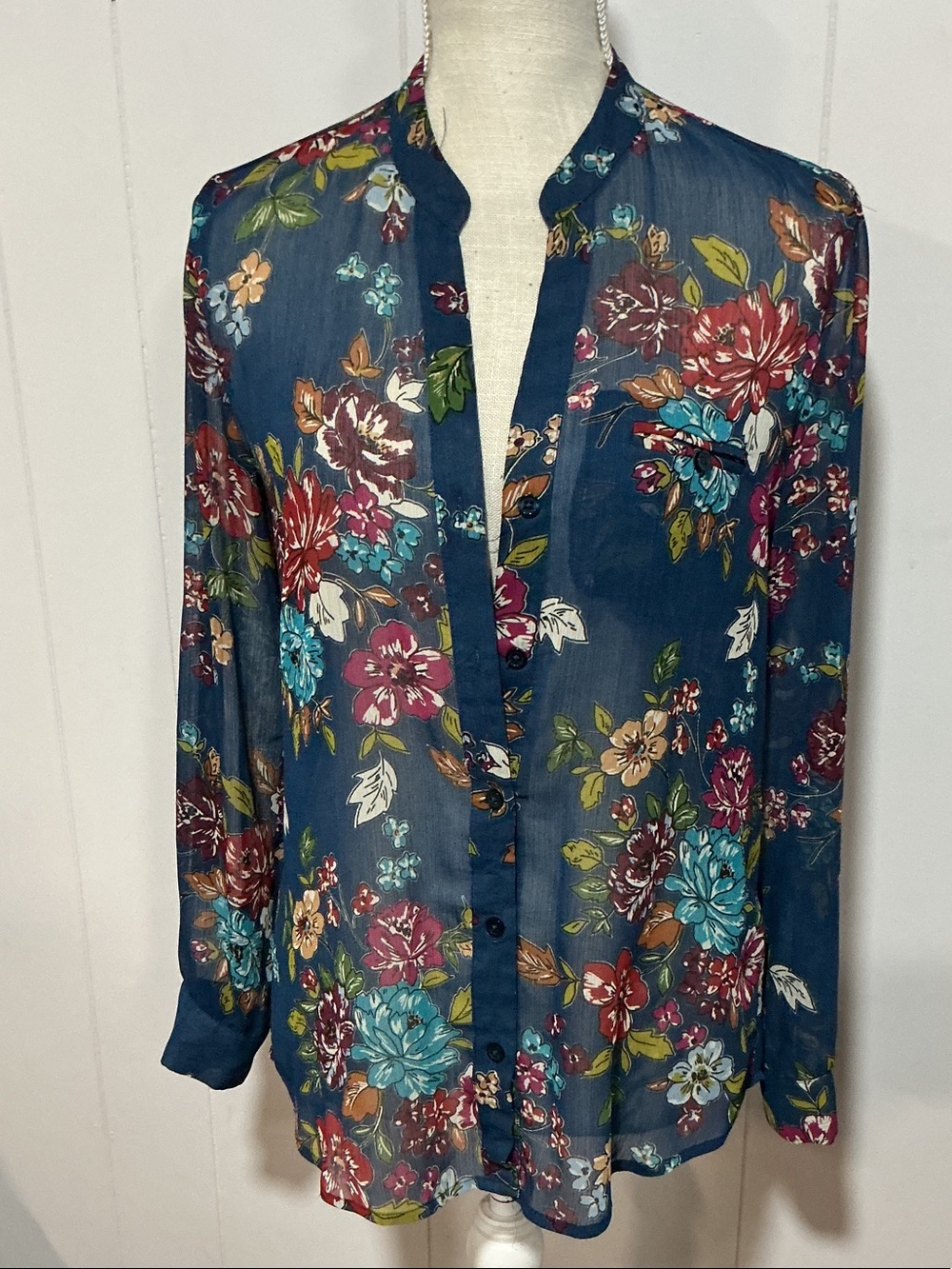 Kut from the Kloth Teal Blue Floral Sheer Button-Front Blouse